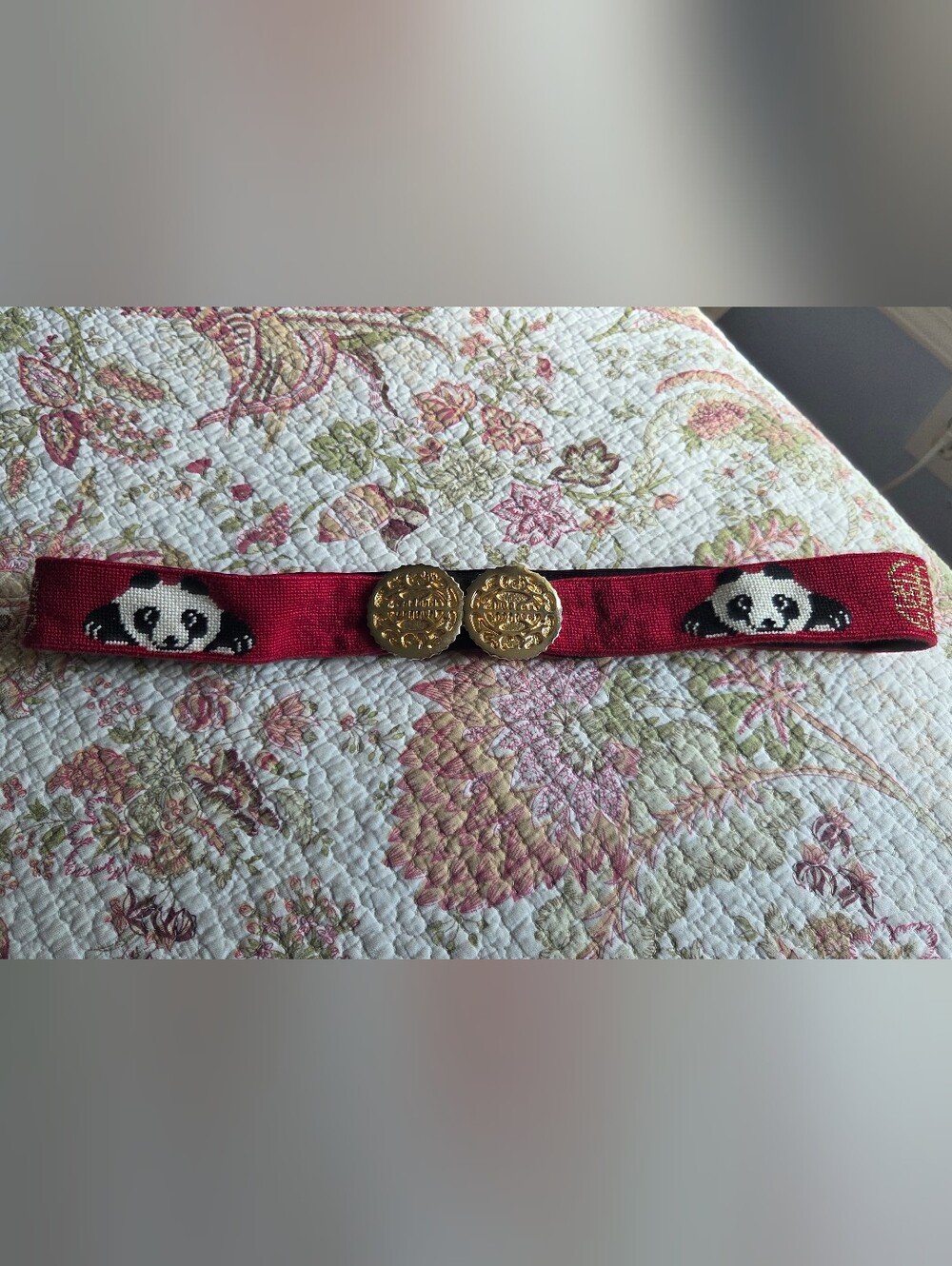 Mimi Di N 1975 Red Panda Embroidered Belt with Gold Medallion Buckles